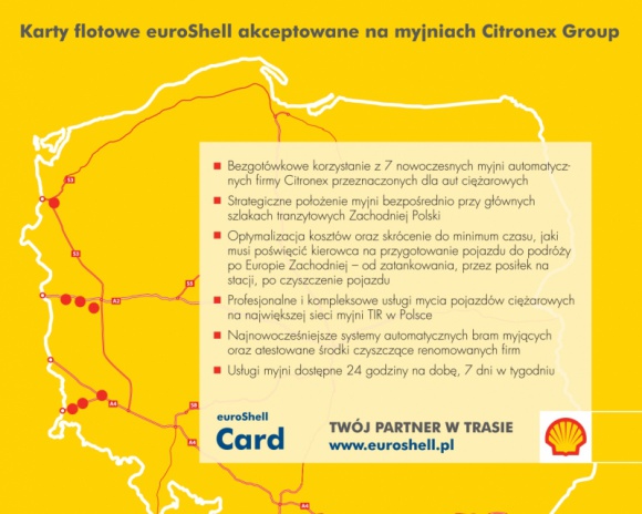 Karty flotowe euroShell akceptowane na myjniach Citronex Group BIZNES, Motoryzacja - Od grudnia posiadacze kart flotowych euroShell mogą bezgotówkowo korzystać z kompleksowych usług siedmiu profesjonalnych myjni firmy Citronex dla aut ciężarowych.