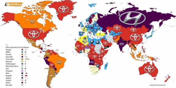 Najbardziej poszukiwanymi samochodami świata są Toyoty BIZNES, Motoryzacja - Zespół analityków internetowych firmy Quickco za pomocą narzędzi statystycznych Google zbadał popularność poszczególnych marek samochodów w poszczególnych krajach świata. Niemal trzy czwarte zapytań w Google dotyczyło tylko trzech marek, z czego większość – Toyoty.